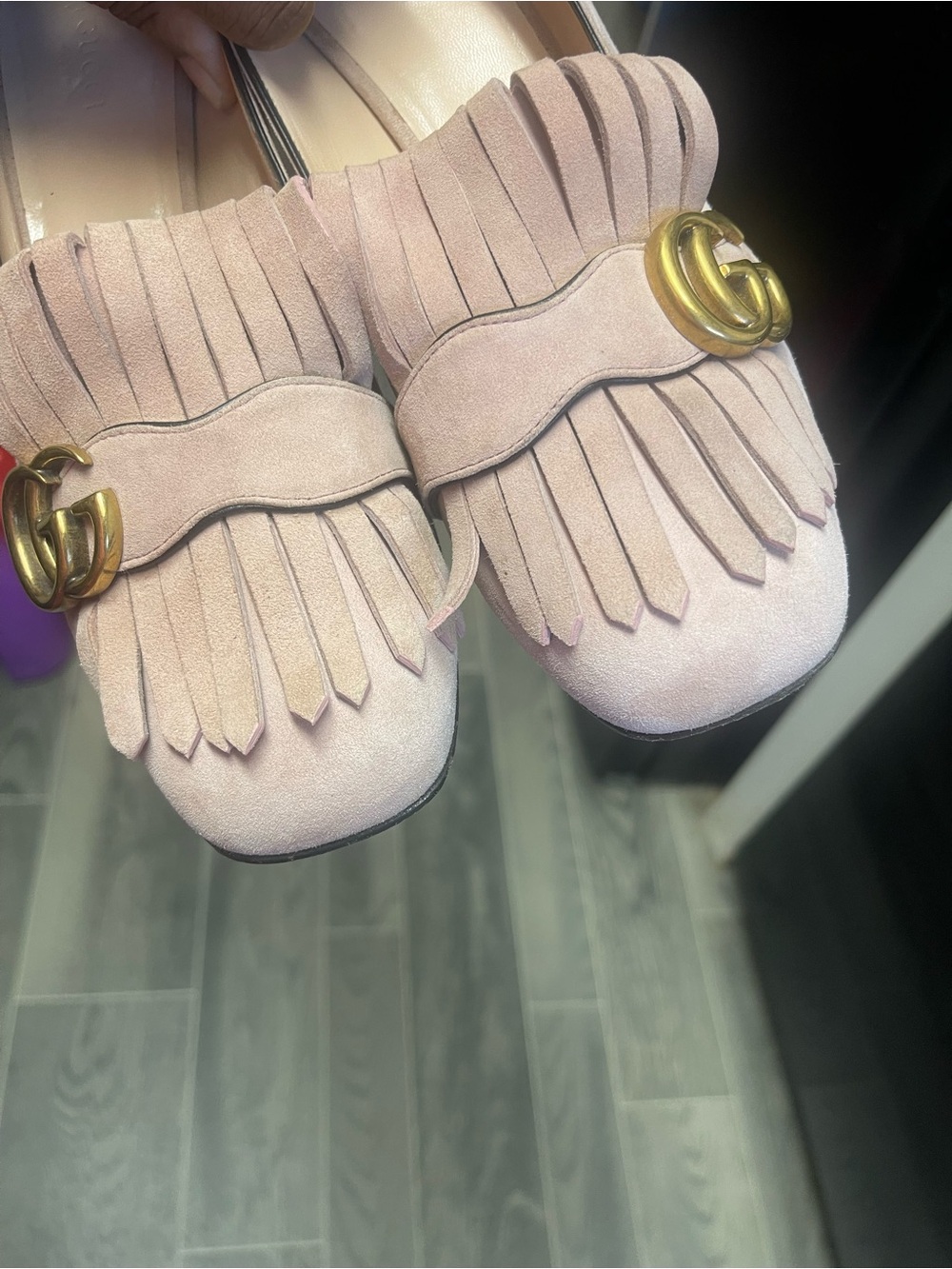 Gucci Pink Suede Fringe Loafers with Gold GG - Picture 10 of 16